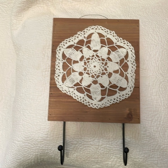 Hand crafted wall hook. Wood, 2 metal hooks with vintage crocheted doily. - Picture 1 of 3